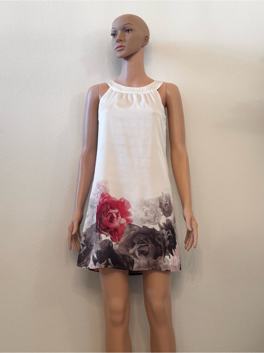 H&M White Sleeveless Floral Hem Dress with Pink & Taupe Roses